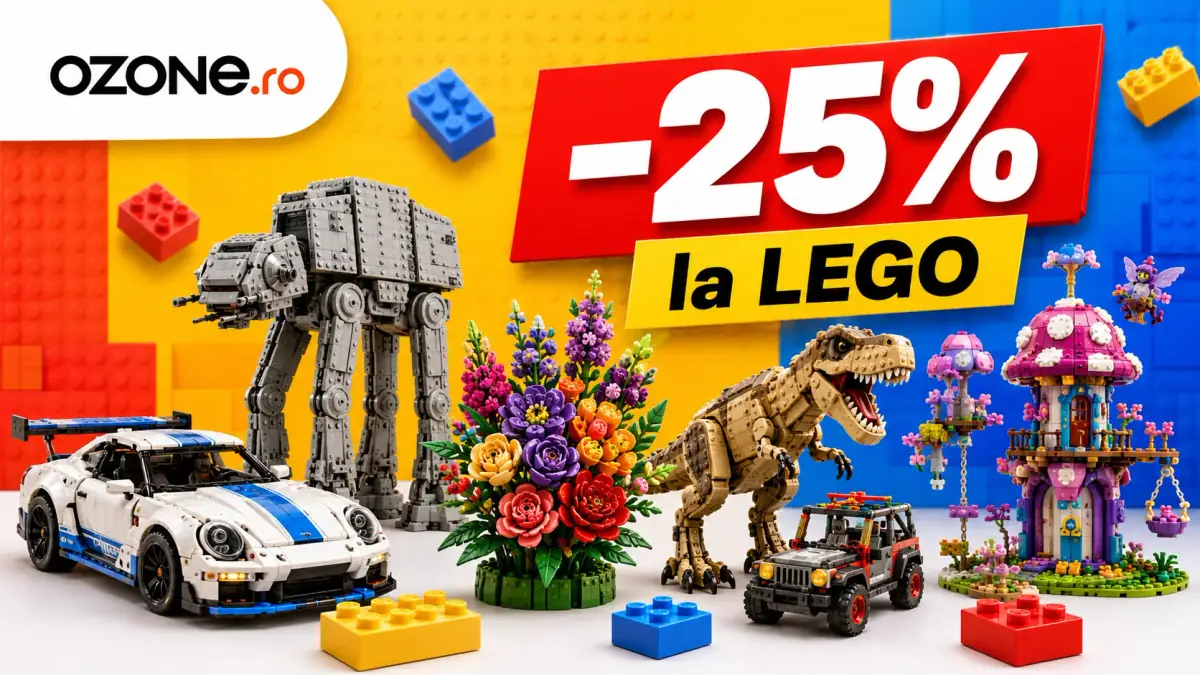 Banner Ozone cu reducere de 25% la LEGO, cu mașină, dinozaur, flori, robot și construcție fantasy.