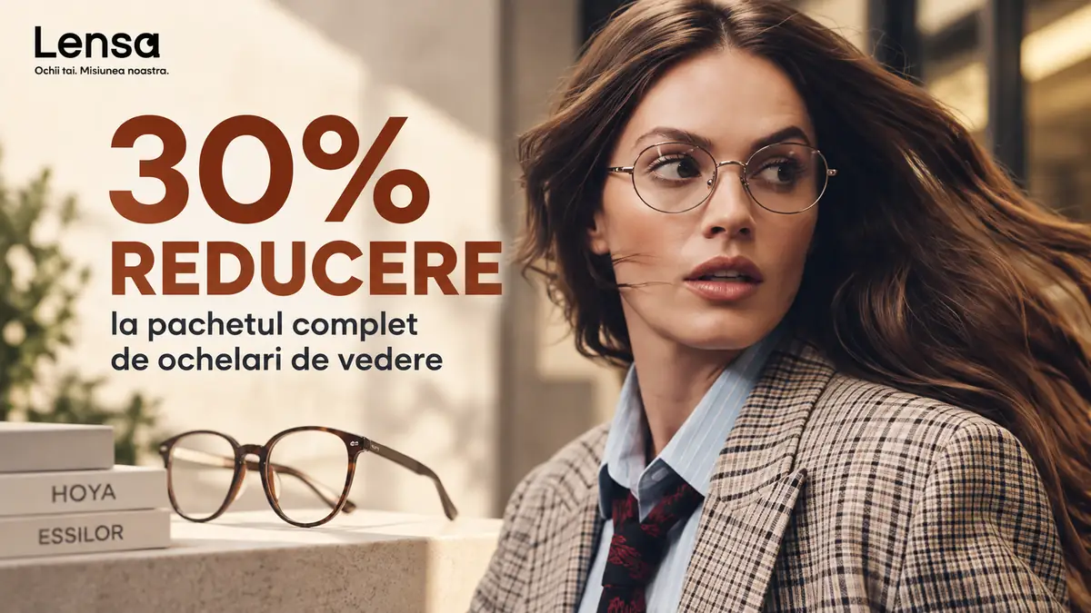 Femeie cu ochelari de vedere Lensa, lângă textul 30% reducere și o pereche de rame expusă.