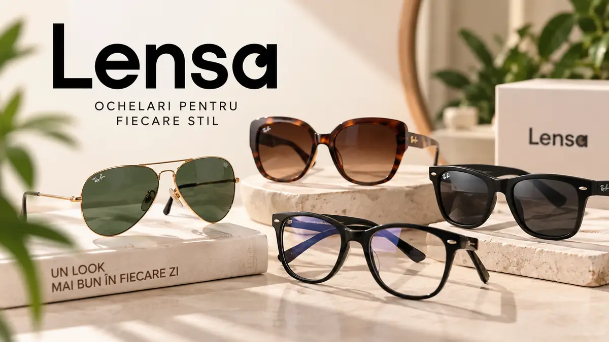 Ochelari de soare și de vedere Lensa expuși elegant, alături de logo-ul brandului.