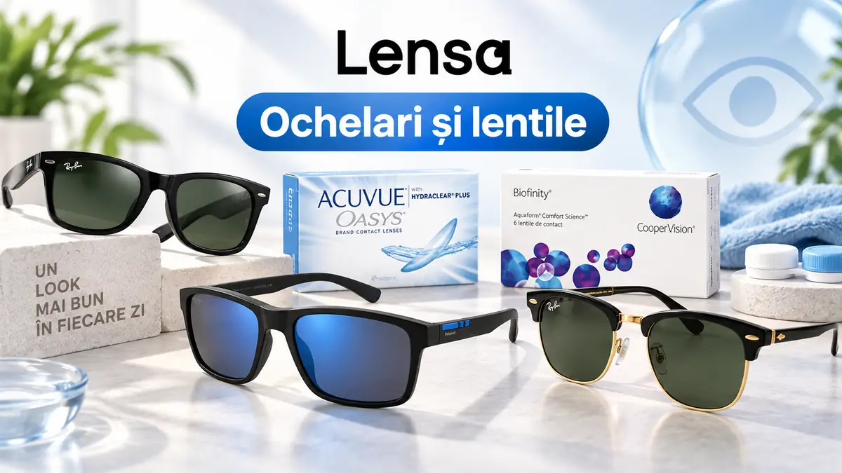 Banner Lensa cu trei perechi de ochelari de soare și două cutii de lentile de contact pe fundal luminos.