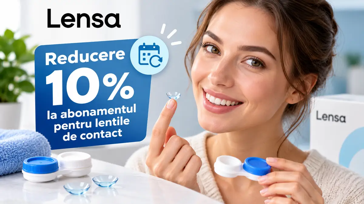 Femeie zâmbitoare ținând o lentilă de contact, alături de mesajul Lensa „Reducere 10% la abonamentul pentru lentile de contact”.