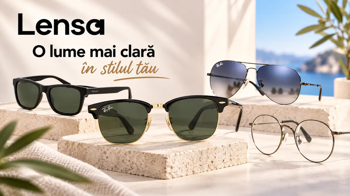 Ochelari de soare și de vedere Lensa expuși elegant pe suporturi, într-un decor luminos cu atmosferă de vară.