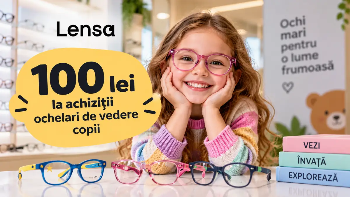 Fetiță zâmbitoare cu ochelari roz, alături de mai multe rame pentru copii și oferta Lensa de 100 lei.