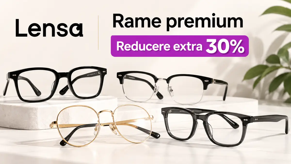 Rame de ochelari premium Lensa, negre și aurii, prezentate într-un decor elegant, cu reducere extra de 30%.