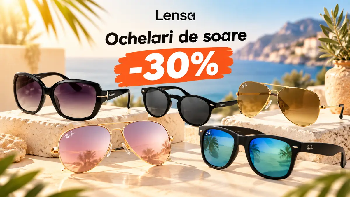 Ochelari de soare Lensa expuși pe fundal estival, cu reducere de 30%.