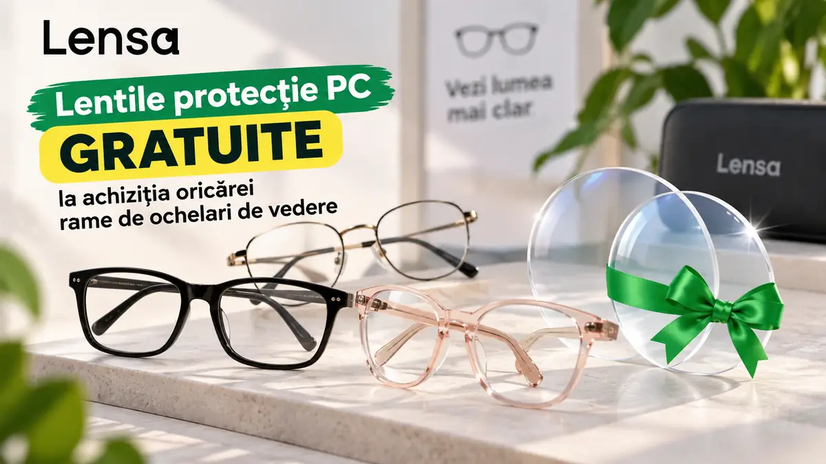 Ochelari de vedere Lensa și lentile PC gratuite, prezentate într-un decor luminos și modern.