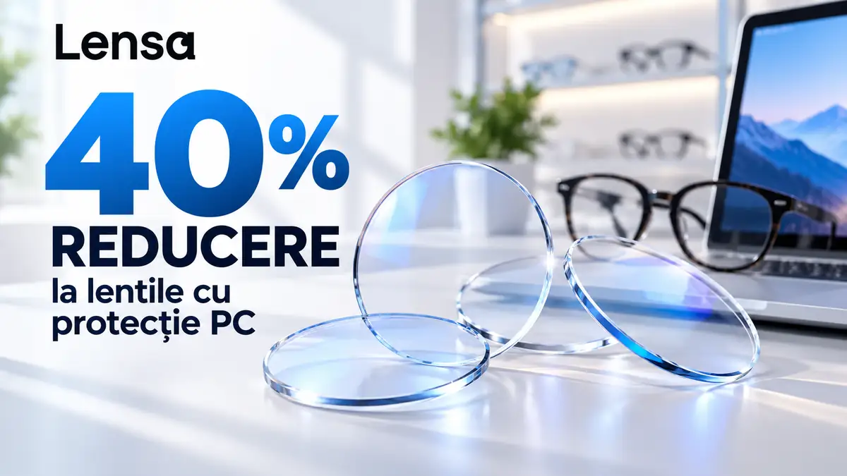 Promo Lensa cu 40% reducere la lentile cu protecție PC, lentile transparente pe birou, ochelari și laptop în fundal.