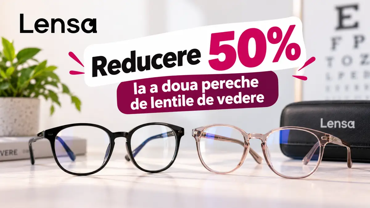 Două perechi de ochelari Lensa și mesaj promoțional „Reducere 50% la a doua pereche de lentile de vedere