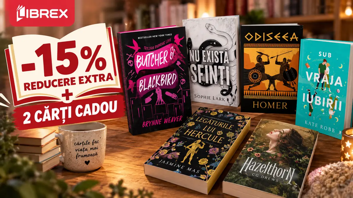 Cărți Librex pe masă, cu mesajul „-15% reducere extra + 2 cărți cadou”, într-un decor cald de bibliotecă.