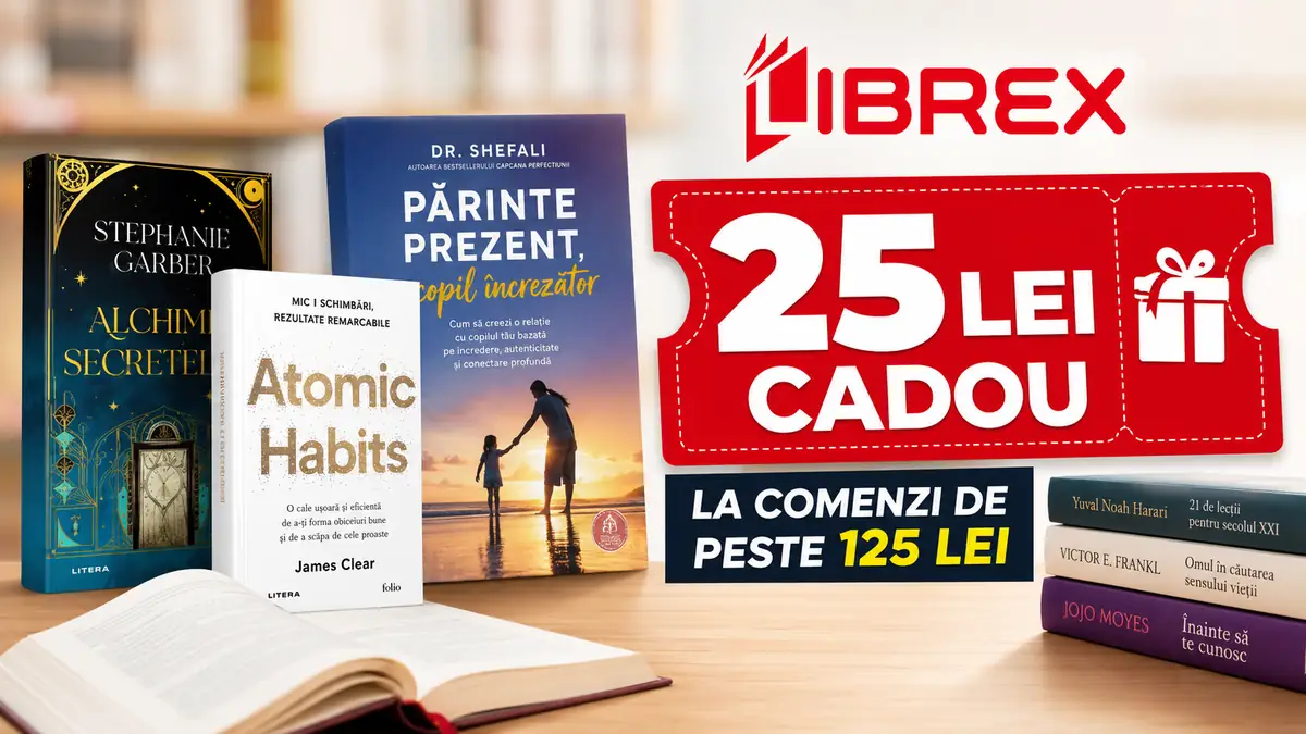 Banner Librex cu selecție de cărți și voucher cadou de 25 lei la comenzi de peste 125 lei.