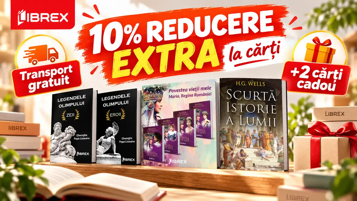 Banner promo Librex cu 10% reducere extra la cărți, transport gratuit, 2 cărți cadou și patru cărți expuse.