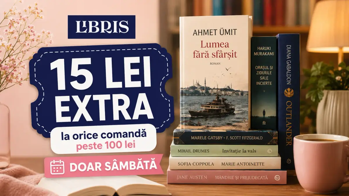 15 lei reducere sâmbăta: Banner Libris cu cărți și 15 lei reducere extra la comenzile de peste 100 lei, ofertă valabilă doar sâmbăta.