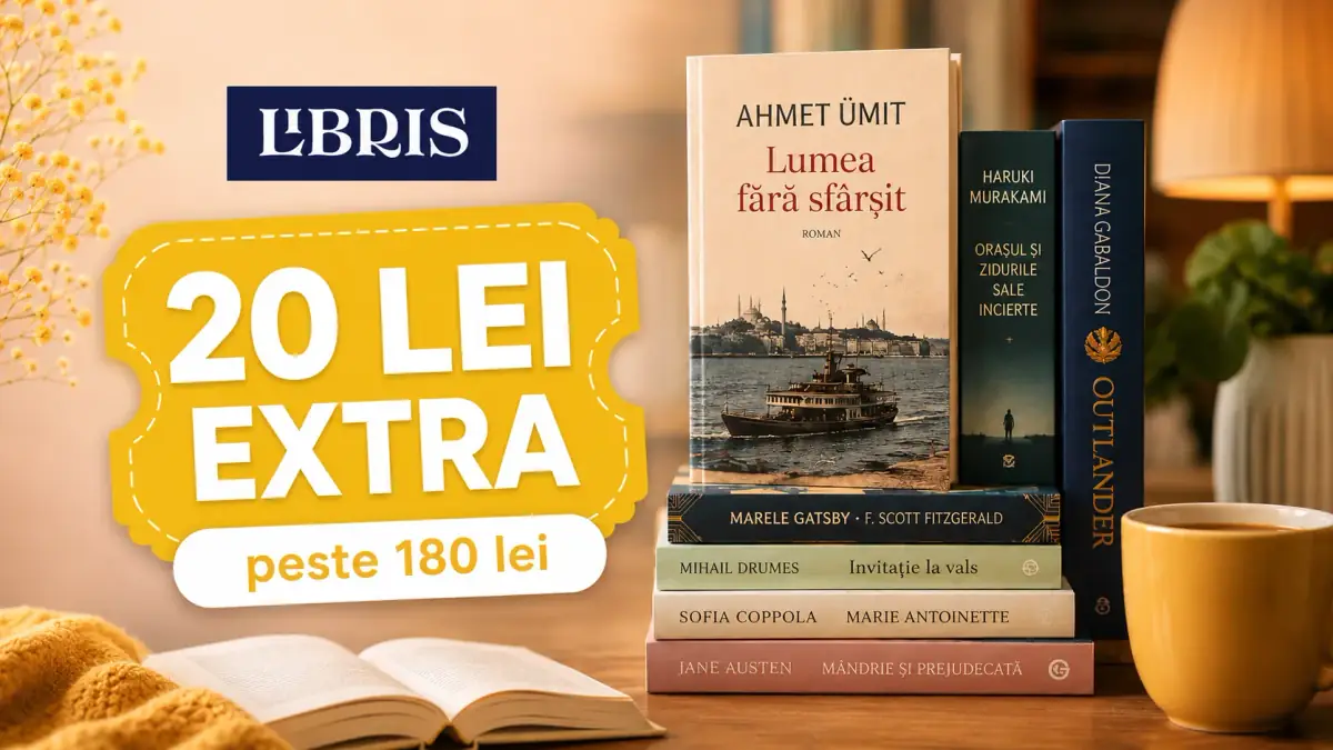 20 lei reducere: Banner Libris cu selecție de cărți și 20 lei reducere extra la comenzile de peste 180 lei.