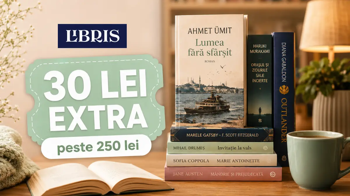 30 lei reducere: Banner Libris cu cărți și ofertă de 30 lei reducere extra la comenzile de peste 250 lei.