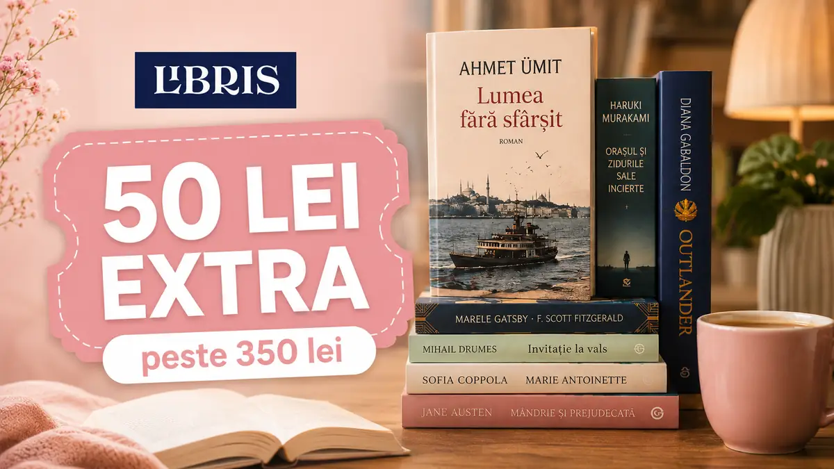 50 lei reducere: Banner Libris cu selecție de cărți și 50 lei reducere extra la comenzile de peste 350 lei.