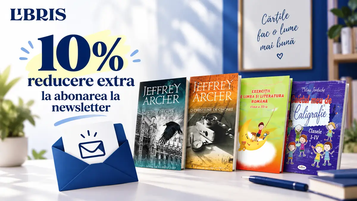 Banner Libris cu 10% reducere extra la newsletter, patru cărți expuse și un plic albastru.