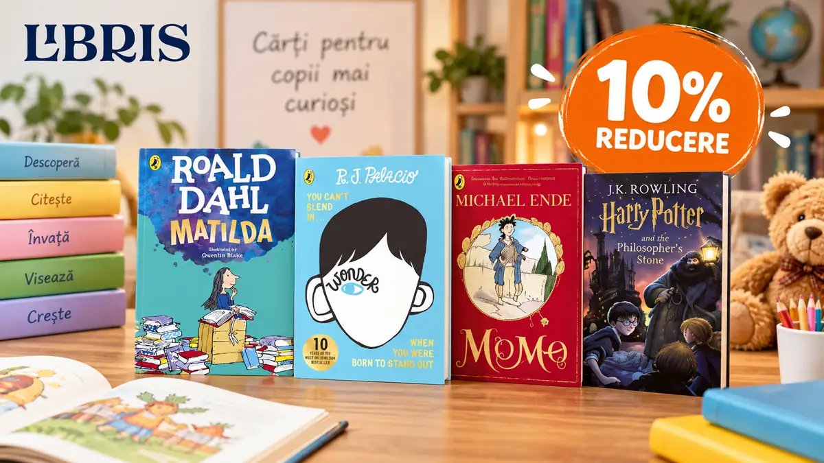 Patru cărți pentru copii pe masă, logo Libris și etichetă portocalie cu 10% reducere, alături de un ursuleț.