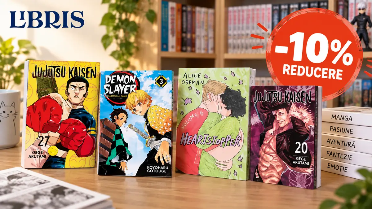 Patru volume manga pe o masă, logo Libris și insignă roșie „-10% reducere”, pe fundal cu rafturi de cărți.