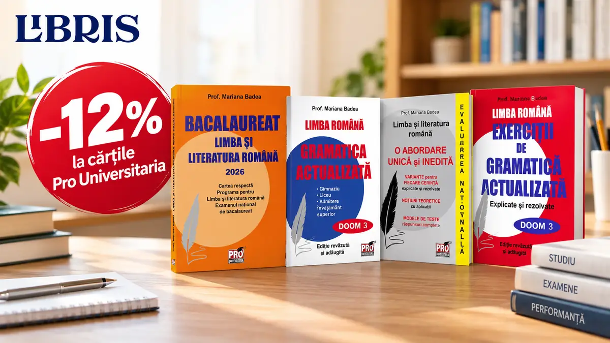 Patru cărți Pro Universitaria pe un birou, cu logo Libris și cerc roșu „-12%” într-un decor de studiu.