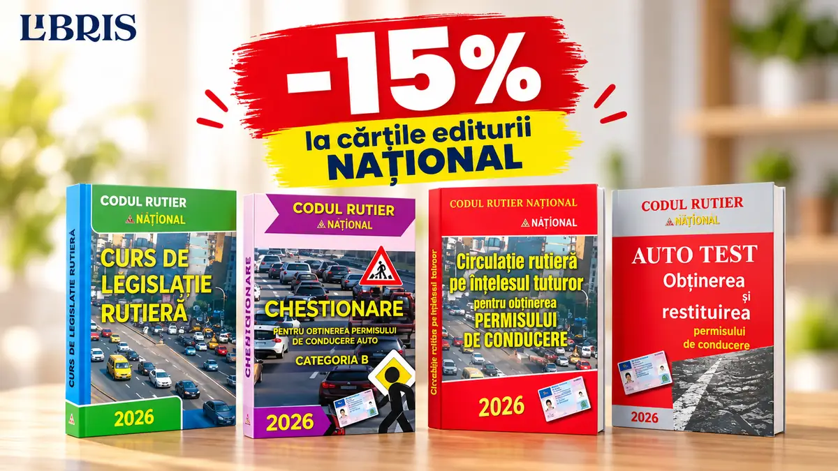Patru cărți Codul Rutier National pe masă, logo Libris și mesajul „-15% la cărțile editurii NAȚIONAL”.