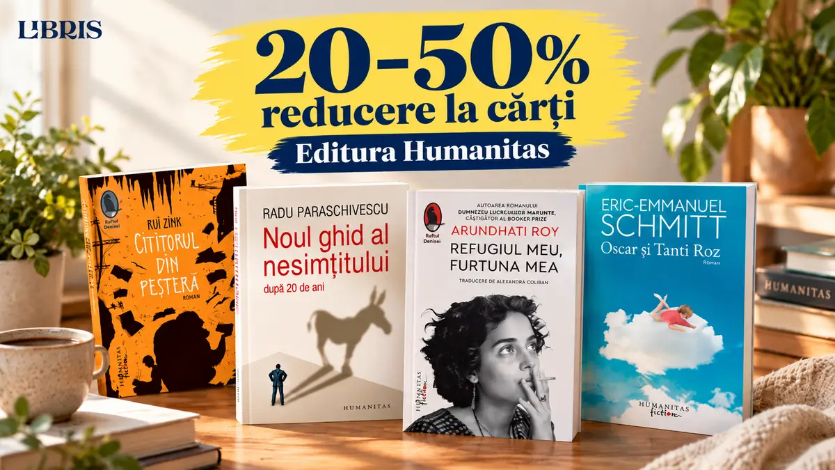 Patru cărți Humanitas pe masă, cu logo Libris și mesajul „20–50% reducere la cărți”.