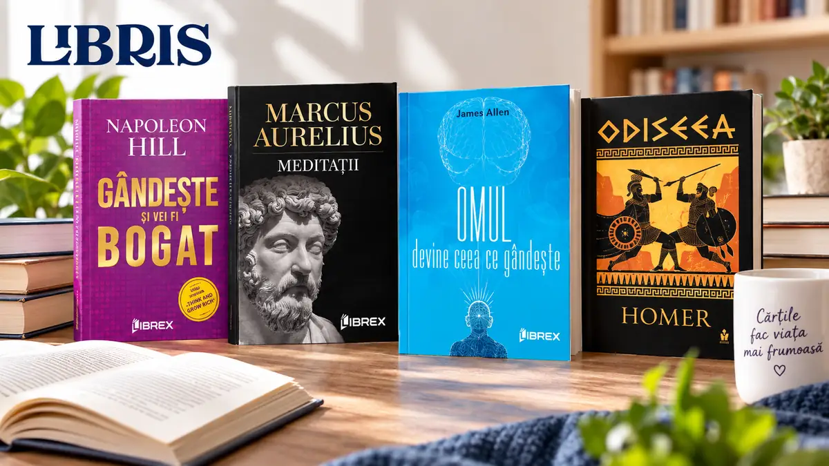 Patru cărți Librex expuse pe masă, cu logo Libris sus, o carte deschisă, plante și o cană albă.