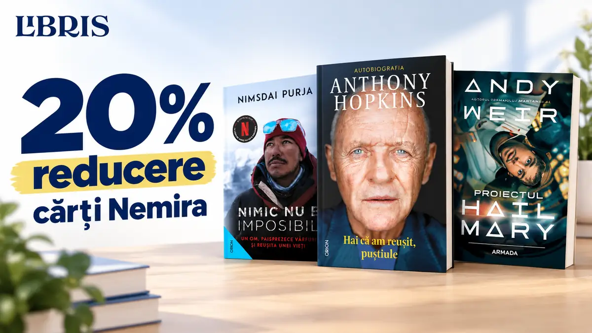 Banner Libris cu 20% reducere la cărți Nemira și trei volume afișate pe o masă din lemn.