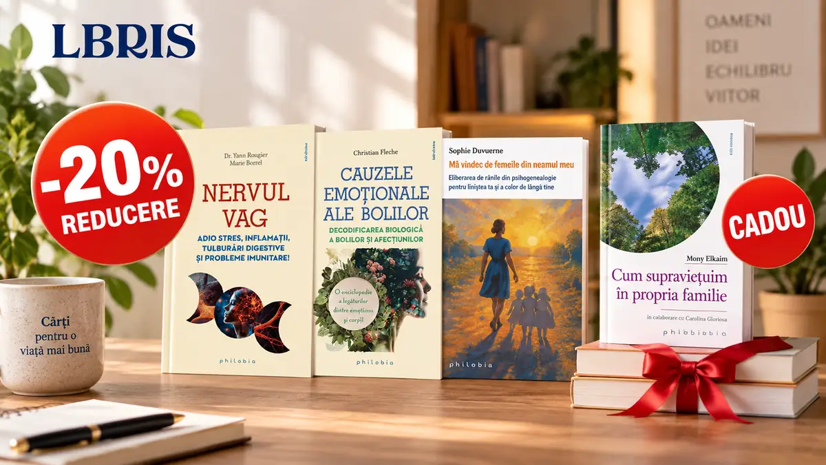 Cărți Philobia pe masă, reducere 20% la Libris și cartea „Cum supraviețuim în propria familie” oferită cadou.