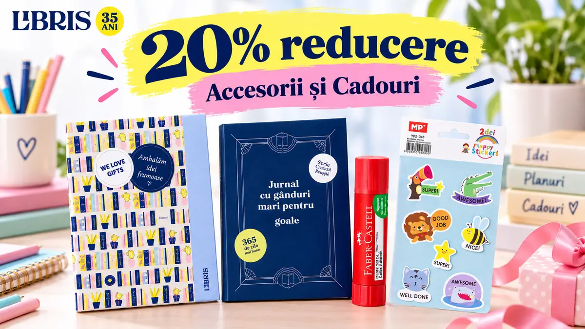 Imagine promo Libris cu 20% reducere, jurnal, ambalaj cadou, lipici și set de stickere.