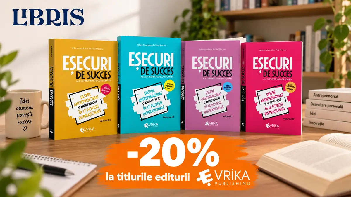 Patru cărți Eșecuri de succes pe masă, cu logo Libris și mesajul -20% la titlurile editurii Evrika.