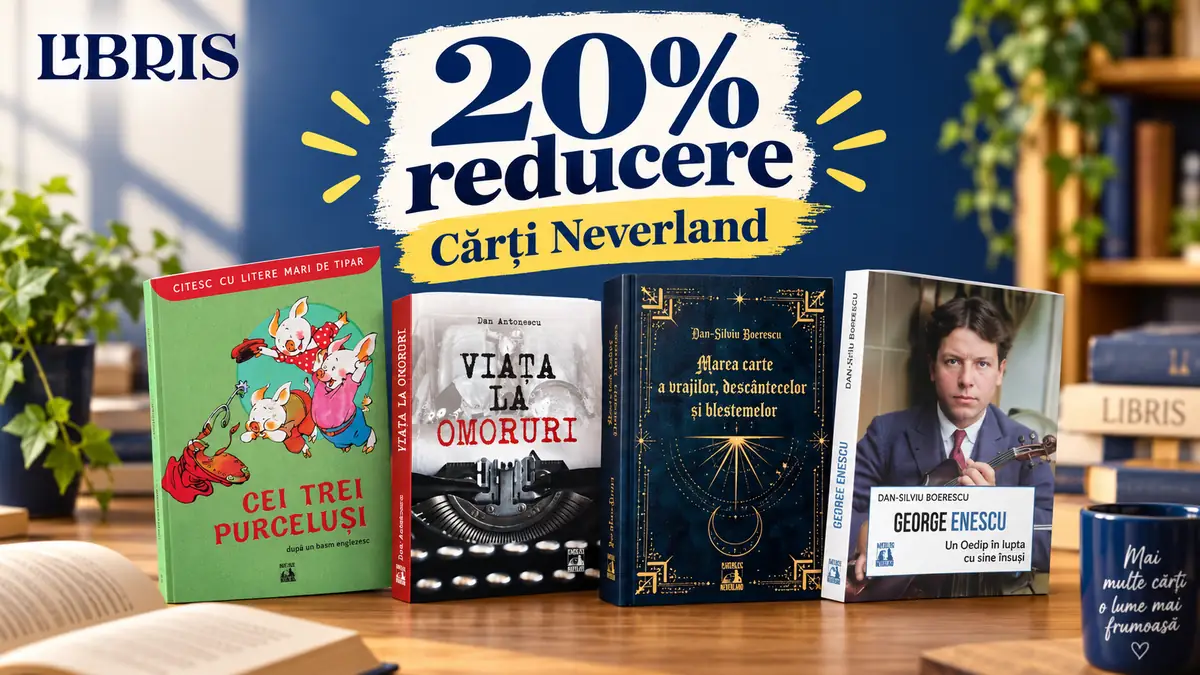 Patru cărți Neverland pe masă, cu mesajul „20% reducere” și logo-ul Libris pe fundal albastru.