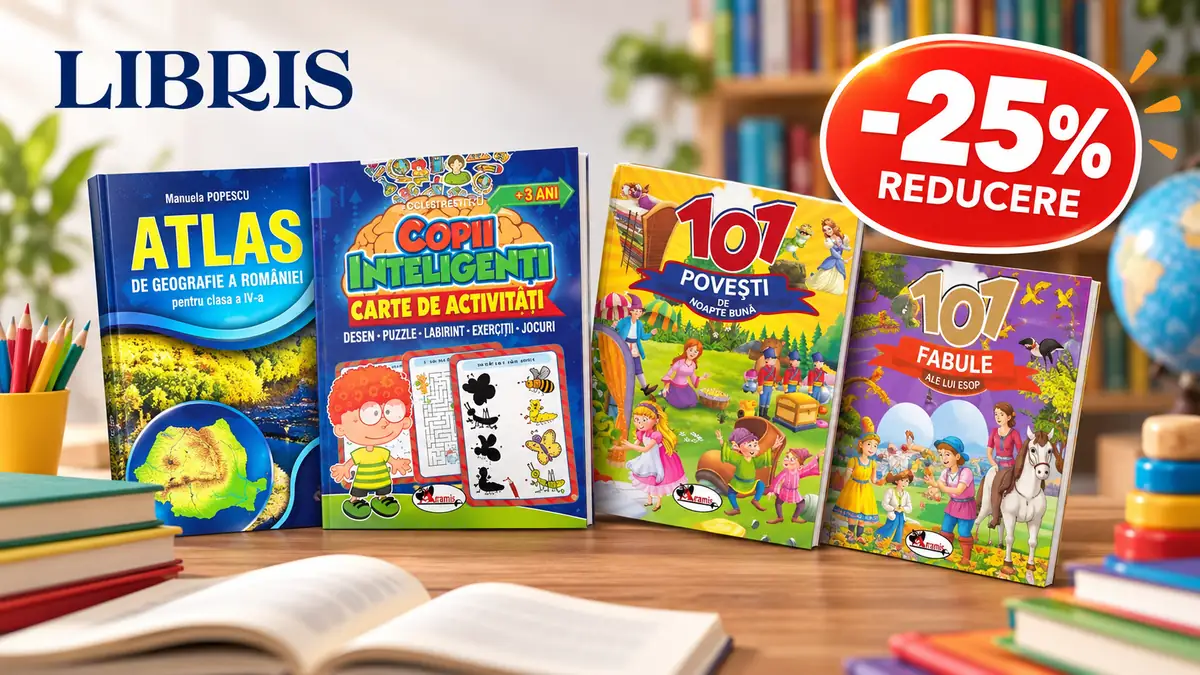 Patru cărți Aramis pentru copii și școală, logo Libris și insignă roșie cu reducere de 25%.