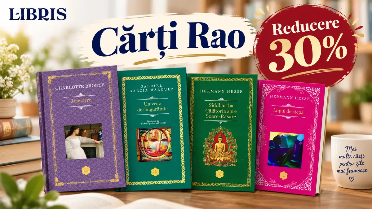 Patru cărți Rao pe masă, logo Libris și mesajul Reducere 30%, într-un decor luminos de lectură.