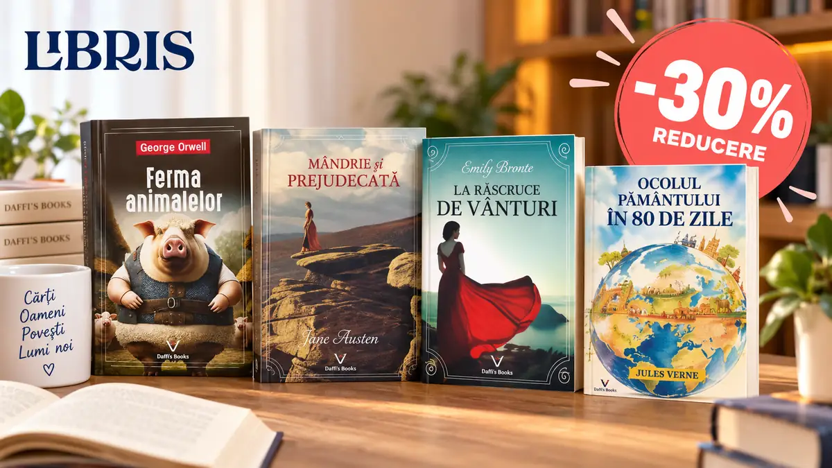 Patru cărți Daffi's Books pe masă, cu logo Libris și insignă roșie -30% reducere, într-un decor de bibliotecă.