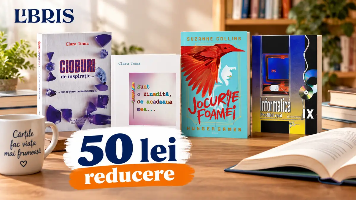 Patru cărți pe o masă, logo Libris și mesajul „50 lei reducere”, alături de o cană și o carte deschisă.