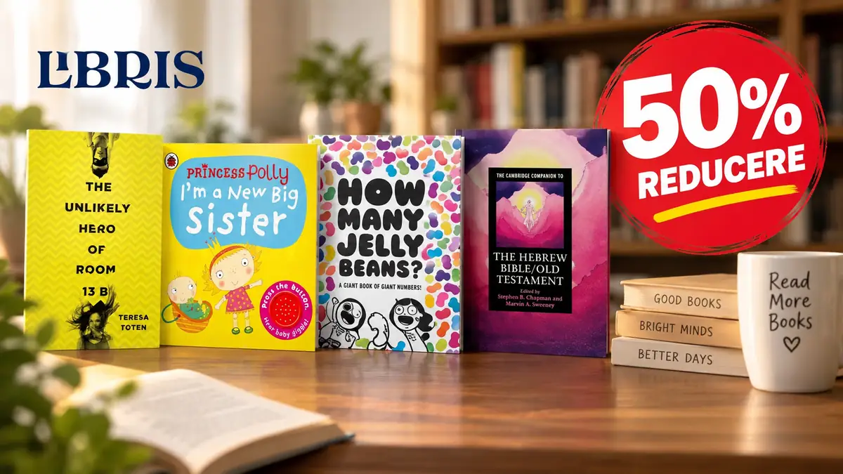 Patru cărți în engleză pe masă, logo Libris și insignă roșie cu 50% reducere, într-un decor de bibliotecă.