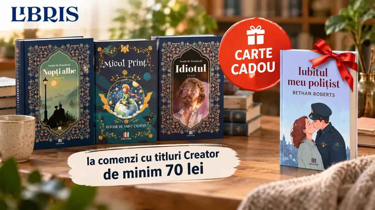 Cărți Libris Creator pe masă, cu Nopți albe, Micul Prinț, Idiotul și carte cadou Iubitul meu polițist.