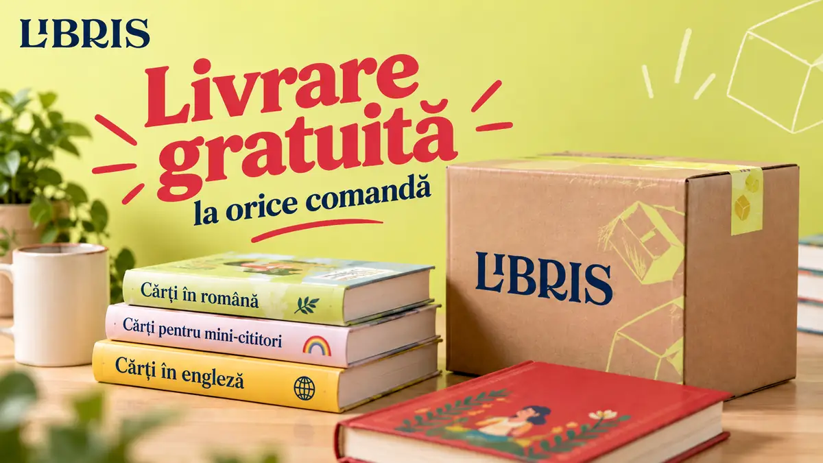 Cărți Libris lângă un colet, cu mesajul „Livrare gratuită la orice comandă” pe fundal galben-verzui.