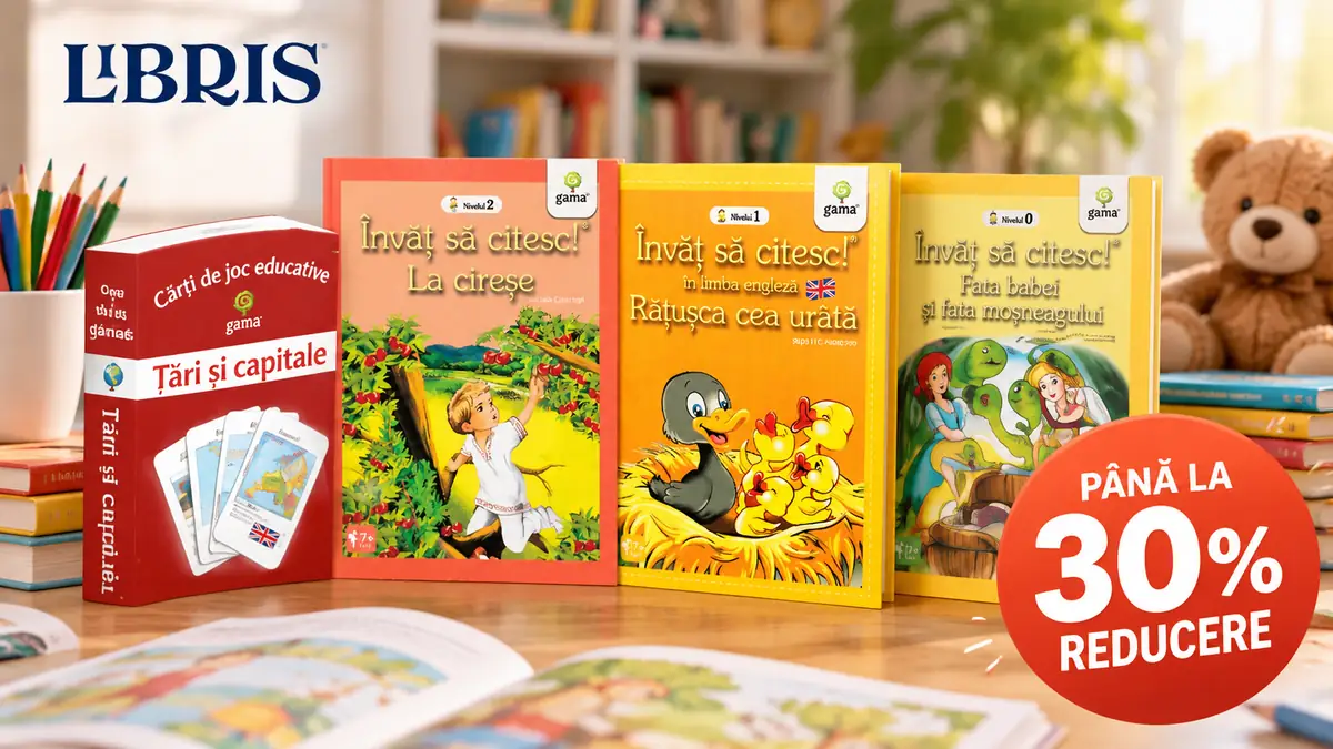 Cărți educative Gama pentru copii, jocul Țări și capitale și badge „Până la 30% reducere”.