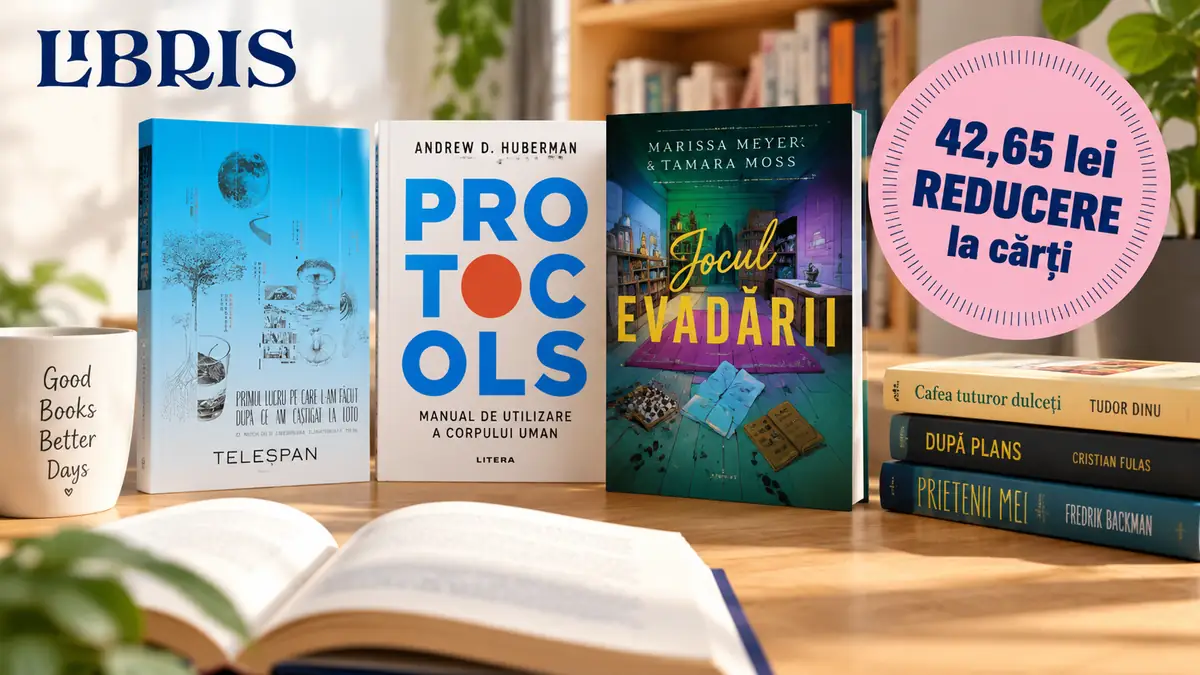 Cărți Libris pe masă, cu o carte deschisă și insignă roz „42,65 lei reducere la cărți”.