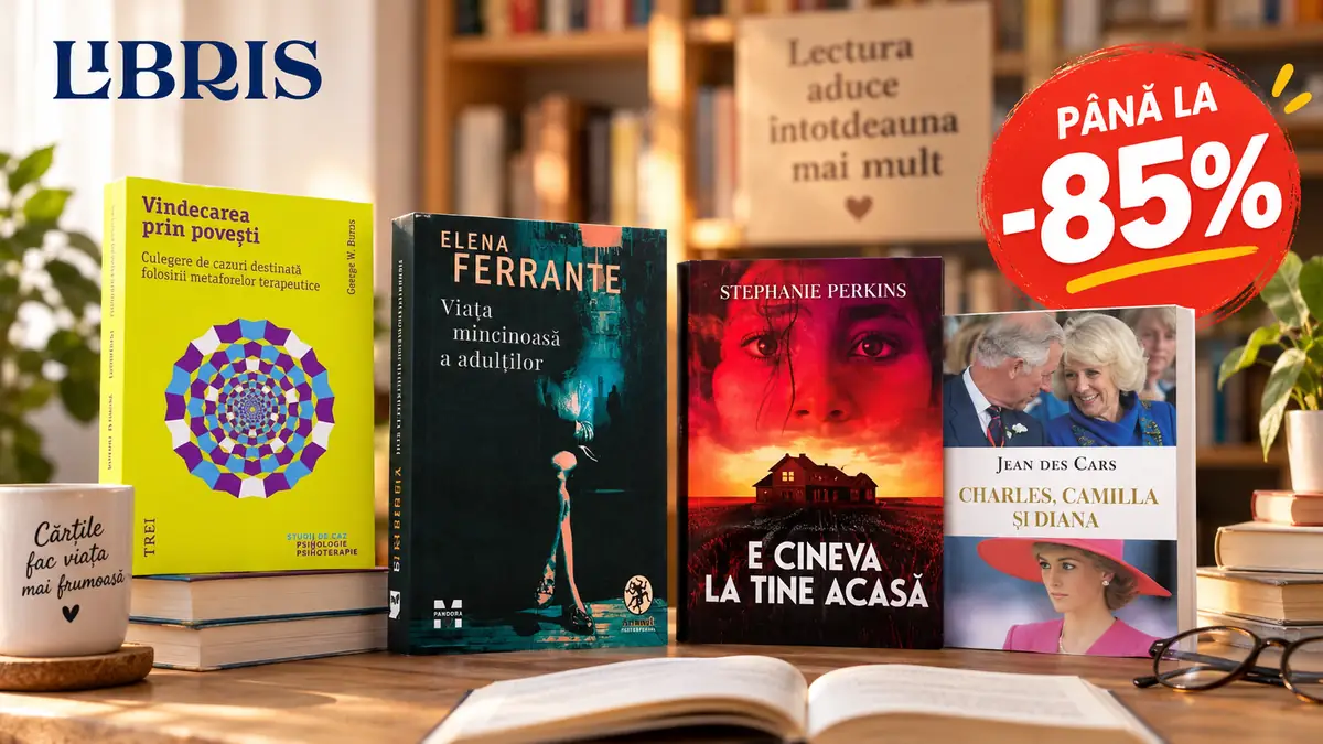 Patru cărți Libris expuse pe masă, într-o librărie, cu insigna „PÂNĂ LA -85%” în dreapta.