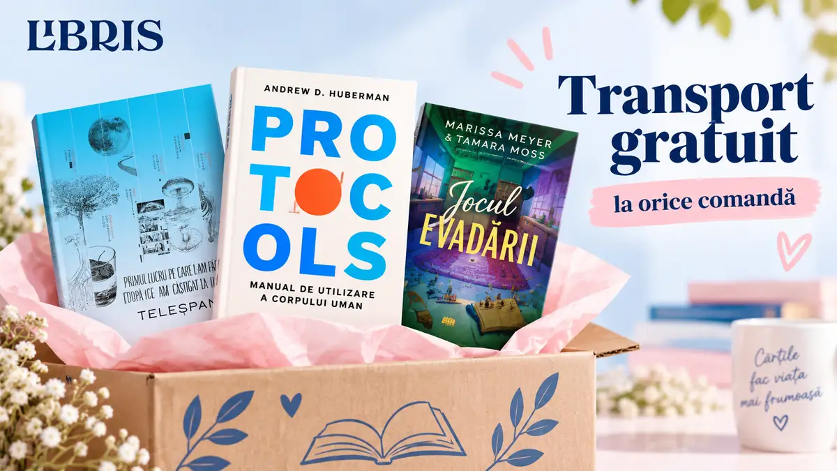Cărți Libris într-o cutie de livrare, alături de mesajul „Transport gratuit la orice comandă”.