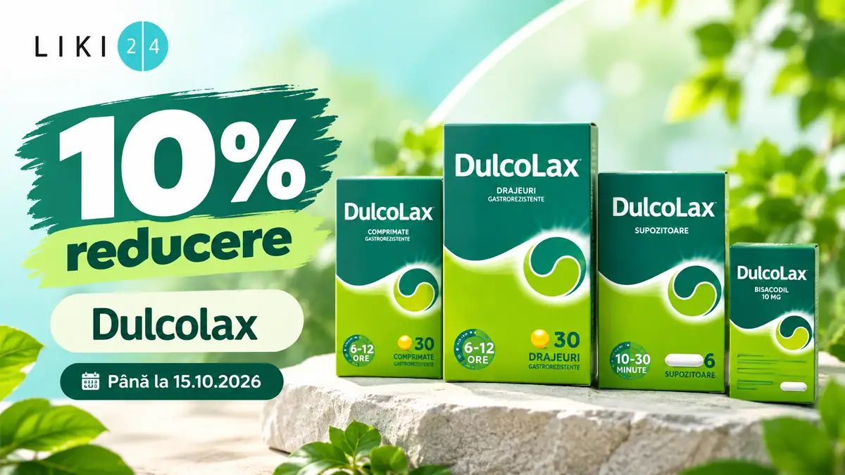 Produse Dulcolax pe fundal verde, cu logo Liki24, mesaj 10% reducere și termen 15.10.2026.