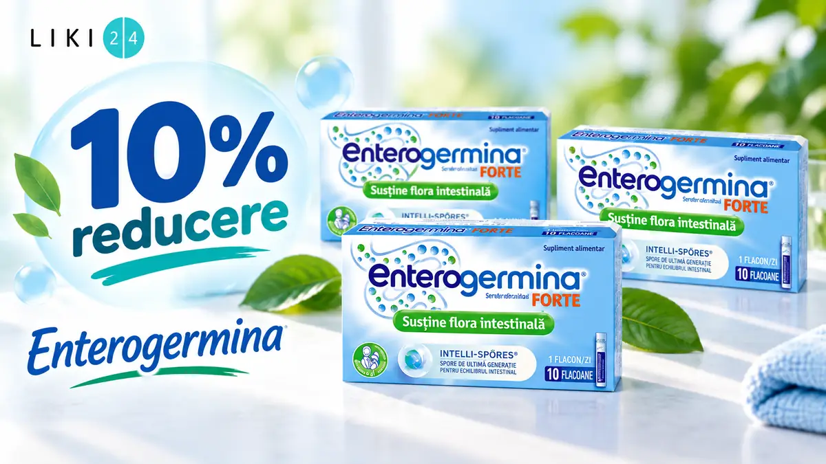Produse Enterogermina Forte pe fundal luminos, cu logo Liki24 și mesaj mare „10% reducere”.