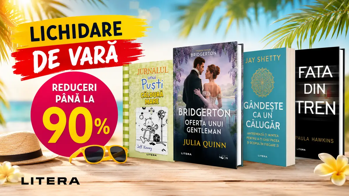 Banner Litera „Lichidare de vară” cu mai multe cărți și reduceri de până la 90%.