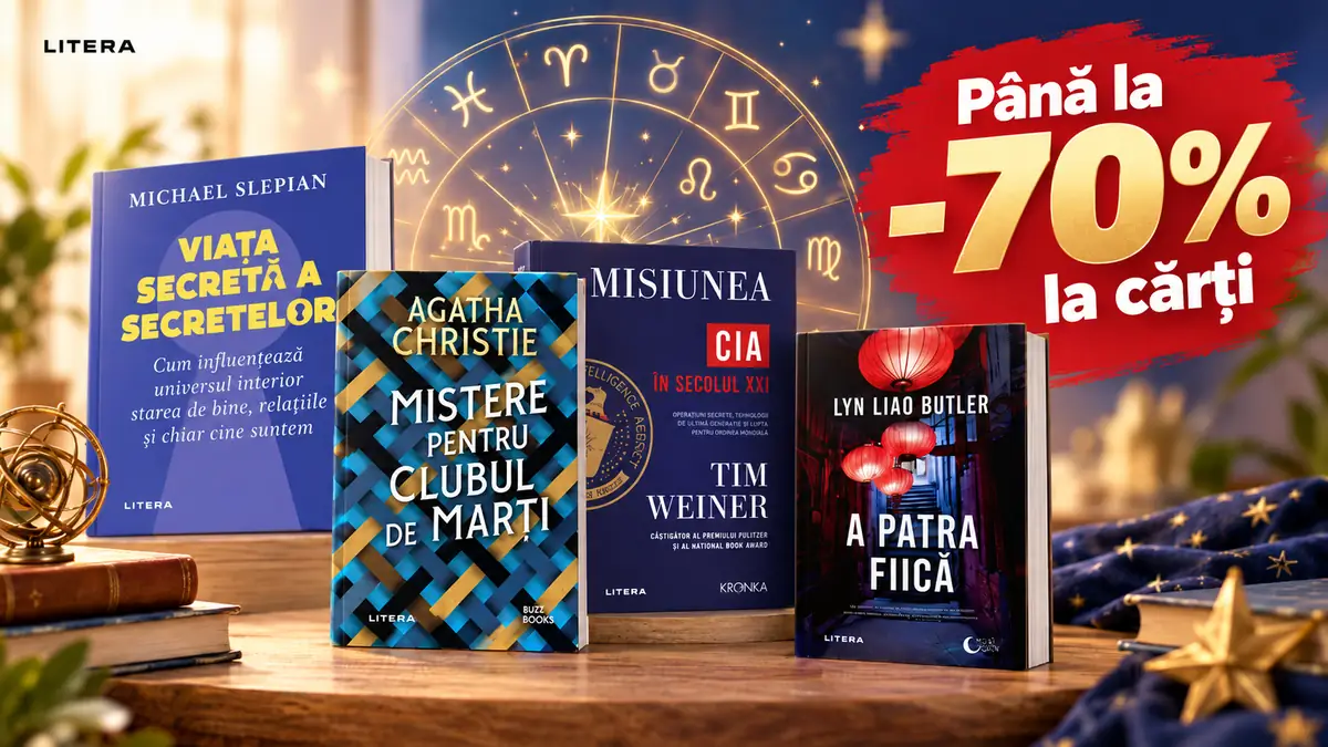 Banner Litera cu patru cărți pe masă, fundal zodiacal și mesaj „Până la -70% la cărți”.