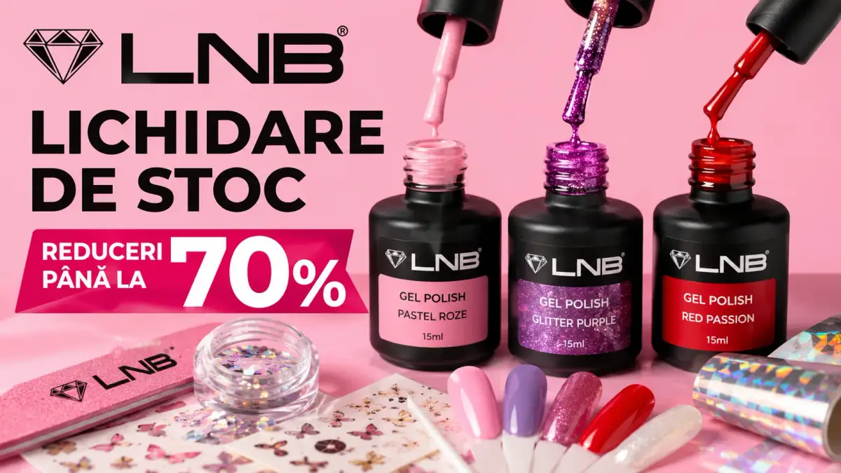 Lichidare LNB cu oje semipermanente roz, mov și roșu, accesorii nail art și reduceri de până la 70%.