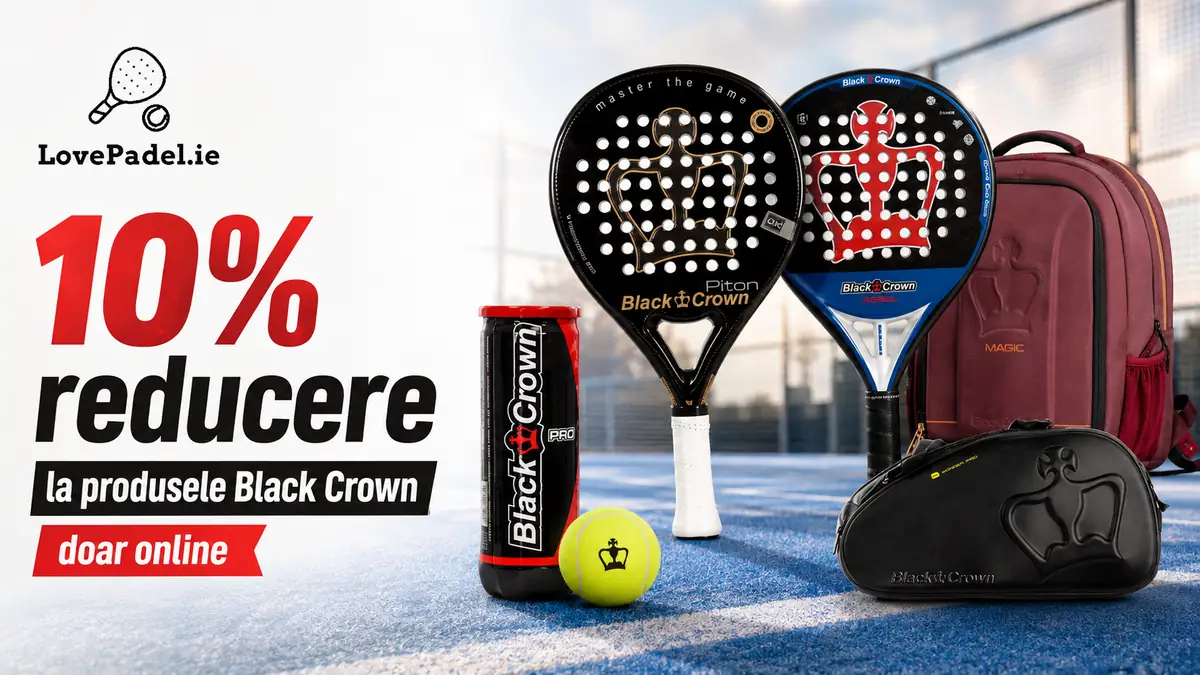 Echipament de padel Black Crown, cu două rachete, mingi și genți, promovând o reducere de 10% la LovePadel.