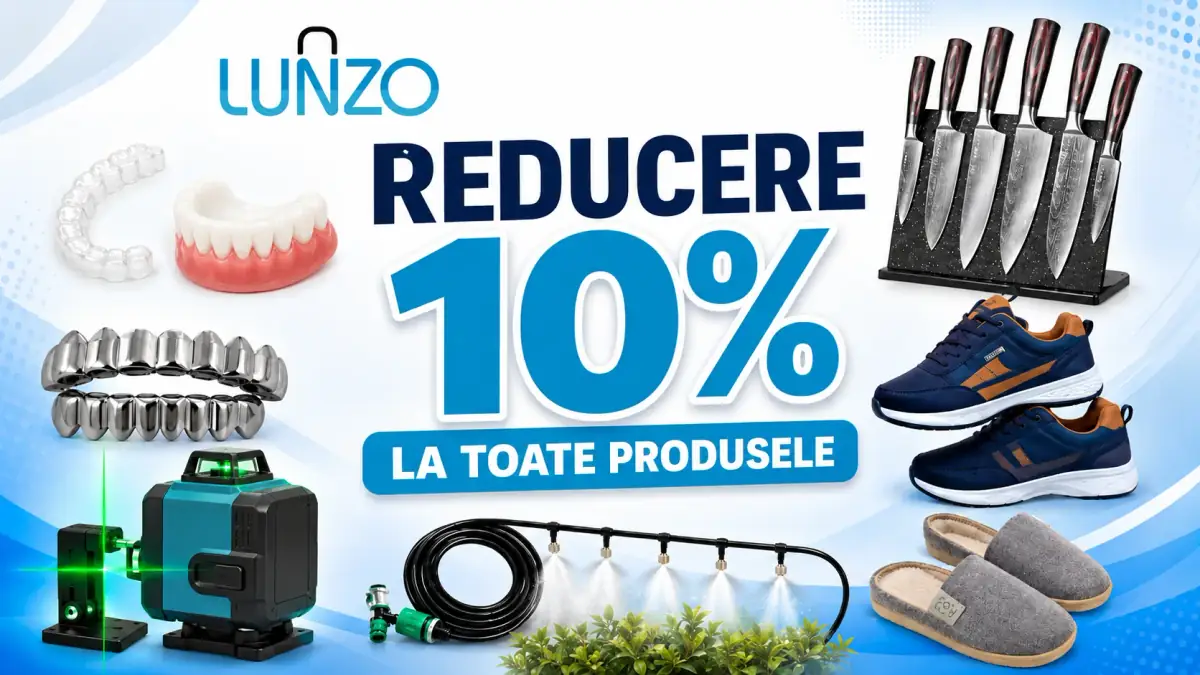 Banner Lunzo cu reducere 10% la toate produsele, cu articole dentare, cuțite, încălțăminte, laser și irigații.