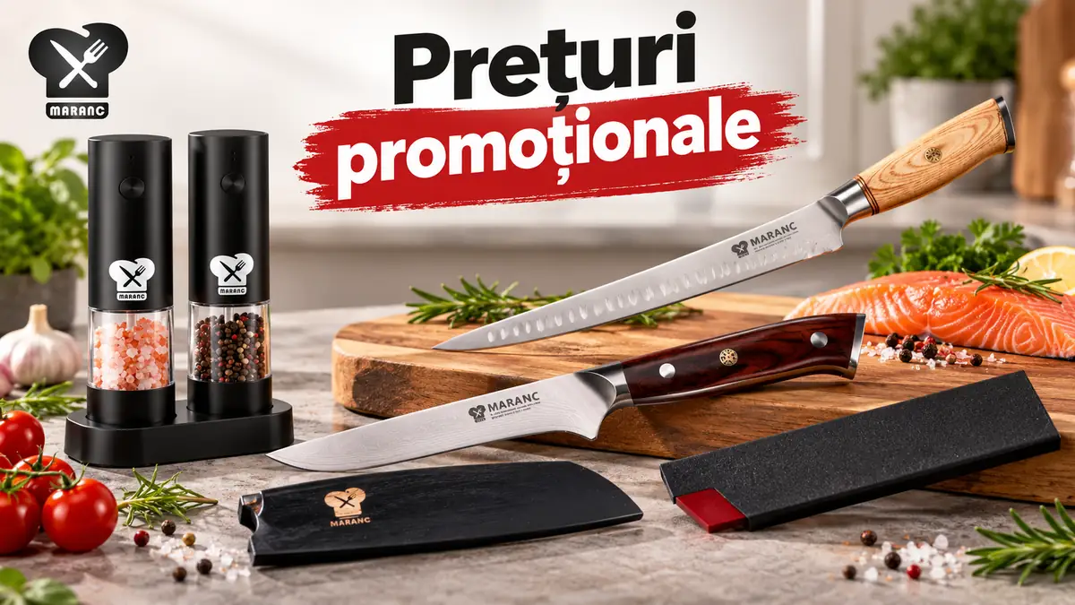 Cuțite profesionale Maranc, râșnițe și accesorii de bucătărie prezentate într-un decor culinar premium.